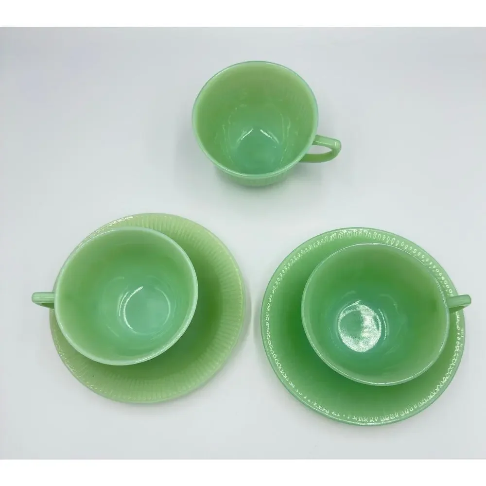 Fire King Coffee Tea Cup & Saucer Jane Ray JadeIte by ANCHOR HOCKING 5pc Set